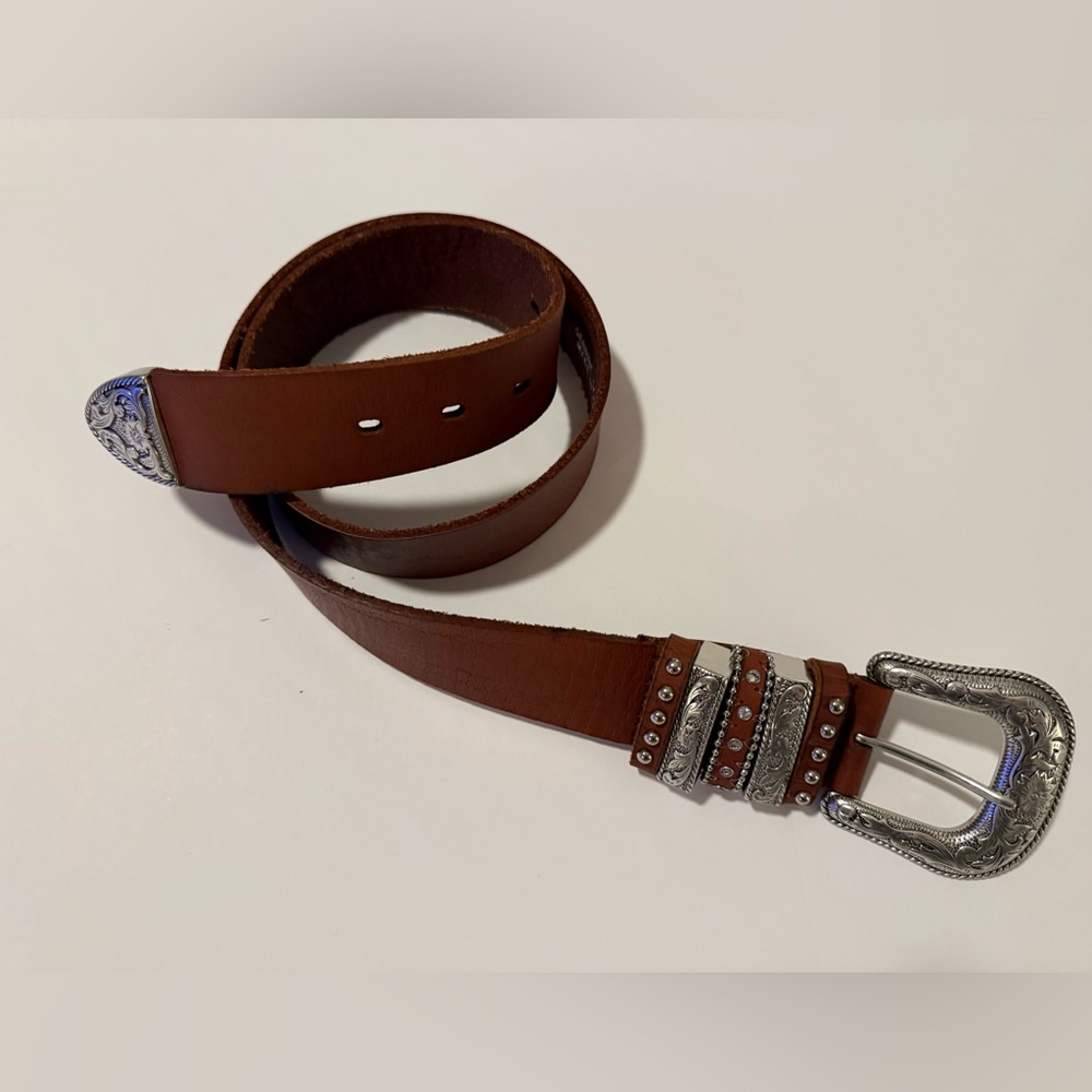 Nocona Belt Co. - Genuine Brown Leather Belt with Silver Accent Buckle - Size M